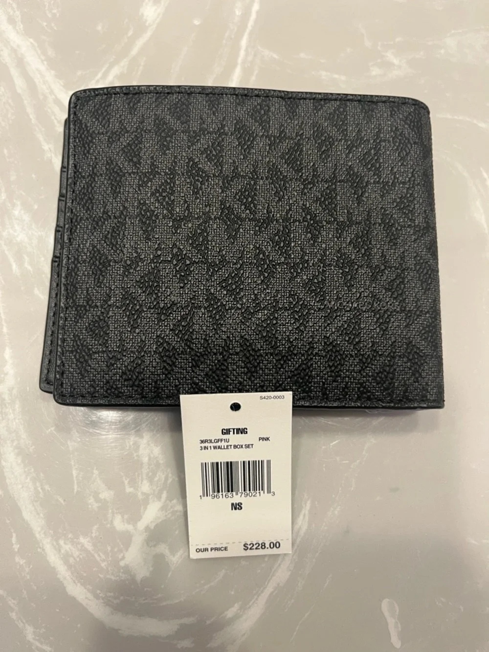 Michael Kors Black Wallet with Pink and White Diagonal Stripes